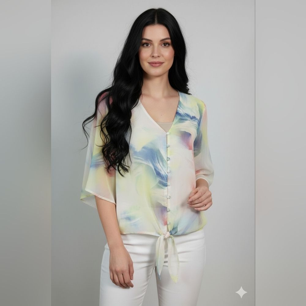 Vince Camuto Women's White Watercolor 3/4 Bell Sleeve Lined Blouse Size Small 🐈